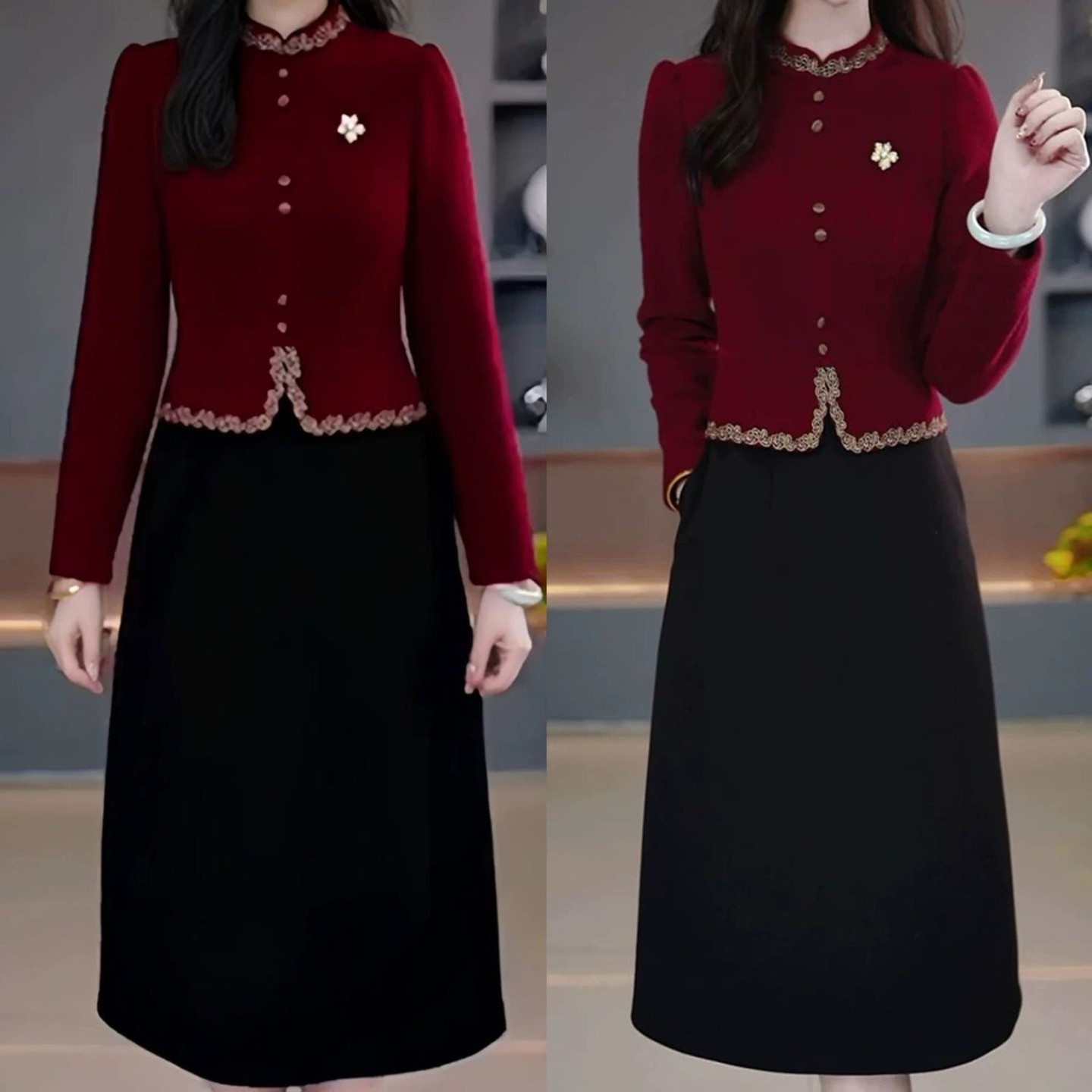 亿积女装洋气显瘦假两件连衣裙秋冬女士加绒加厚长裙撞色拼接a28