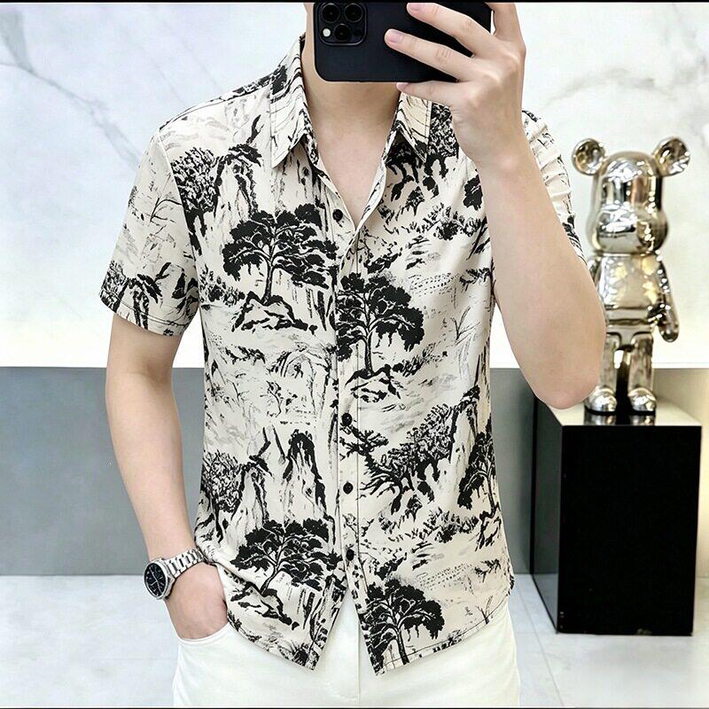 锦泽轻奢男装夏季男士潮流印花翻领短袖衬衫时尚百搭休闲半袖修a7