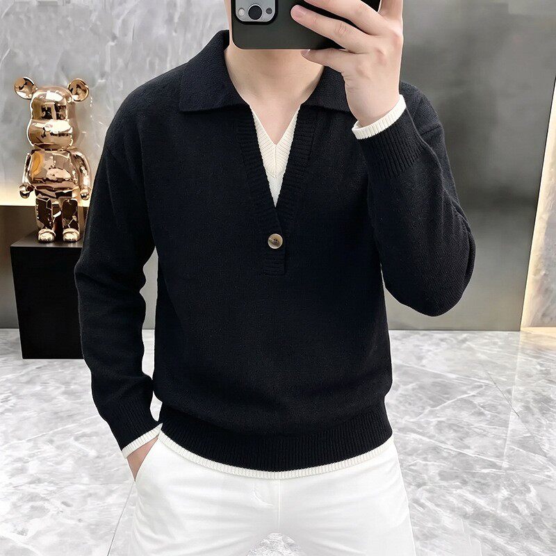假两件针织衫翻领毛衣男秋冬季2026新款POLO衫双V领毛线衣服内a4