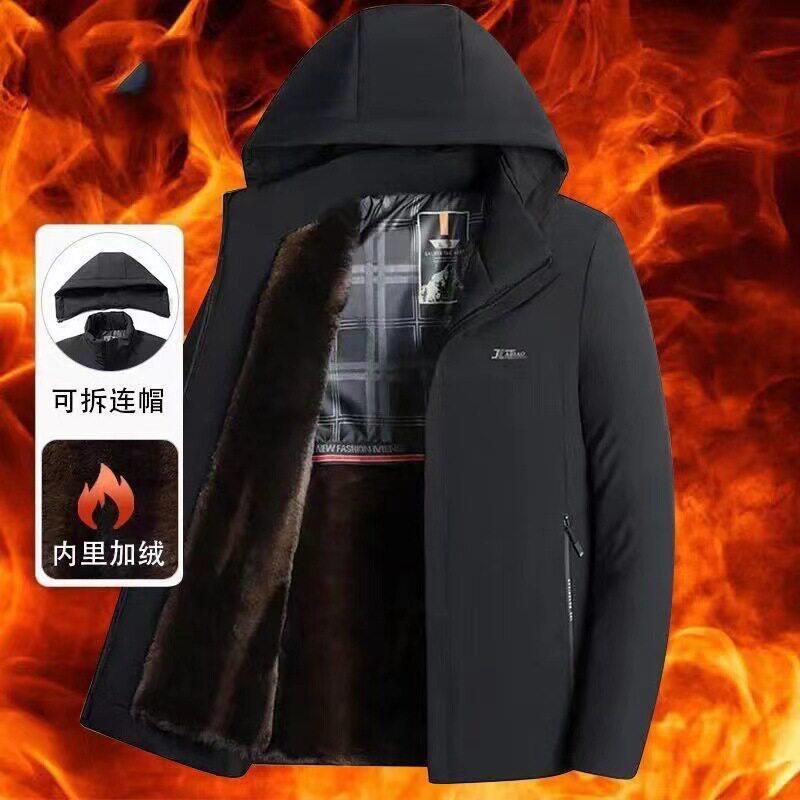 知途男士加绒加厚连帽棉衣冬季保暖防风爸爸装中老年棉袄外套a9