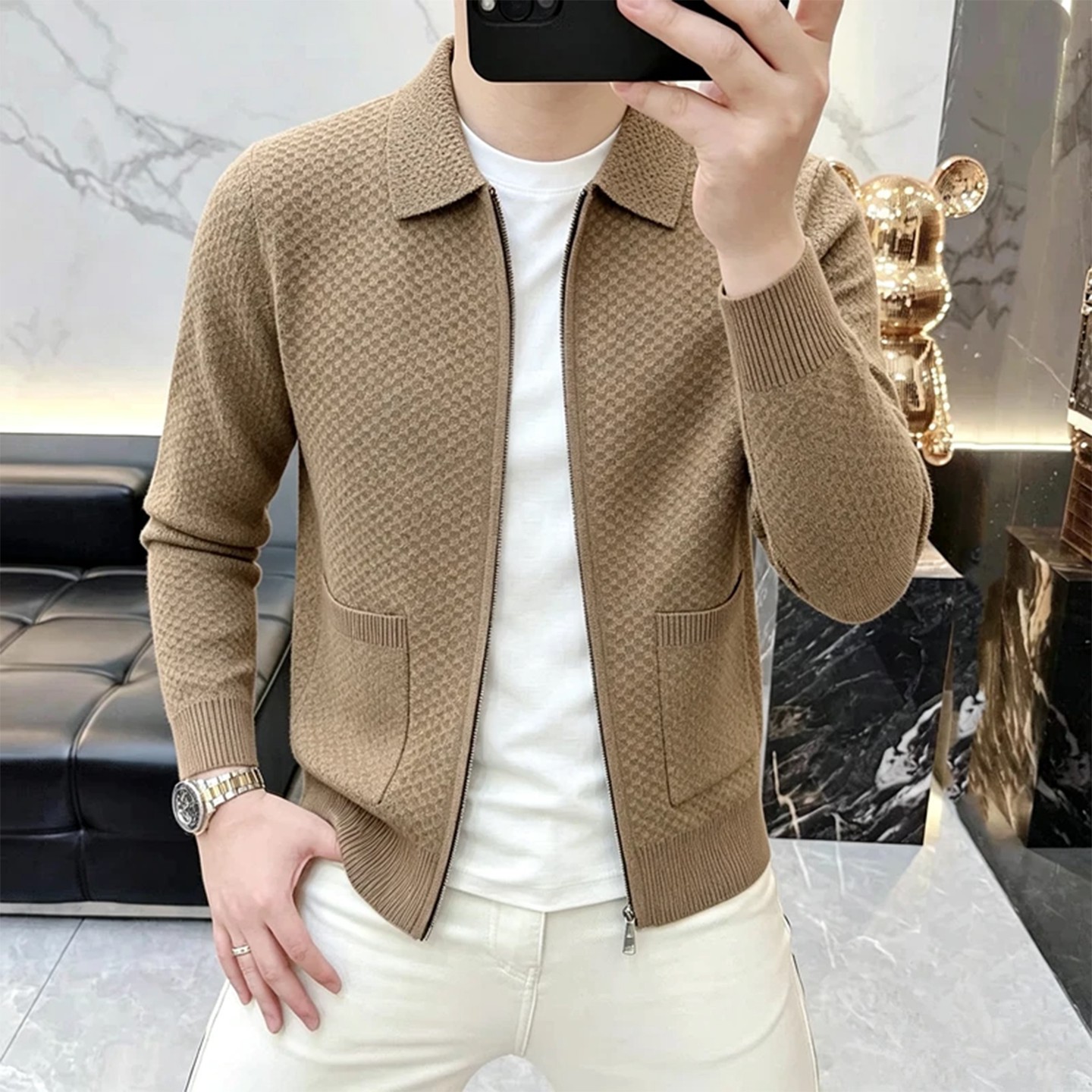 晴雨男装服饰商行2026春秋新款针织衫男格子毛衣开衫轻奢长袖外a5