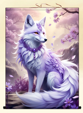 紫色九尾狐狸画像挂画招财圣狐