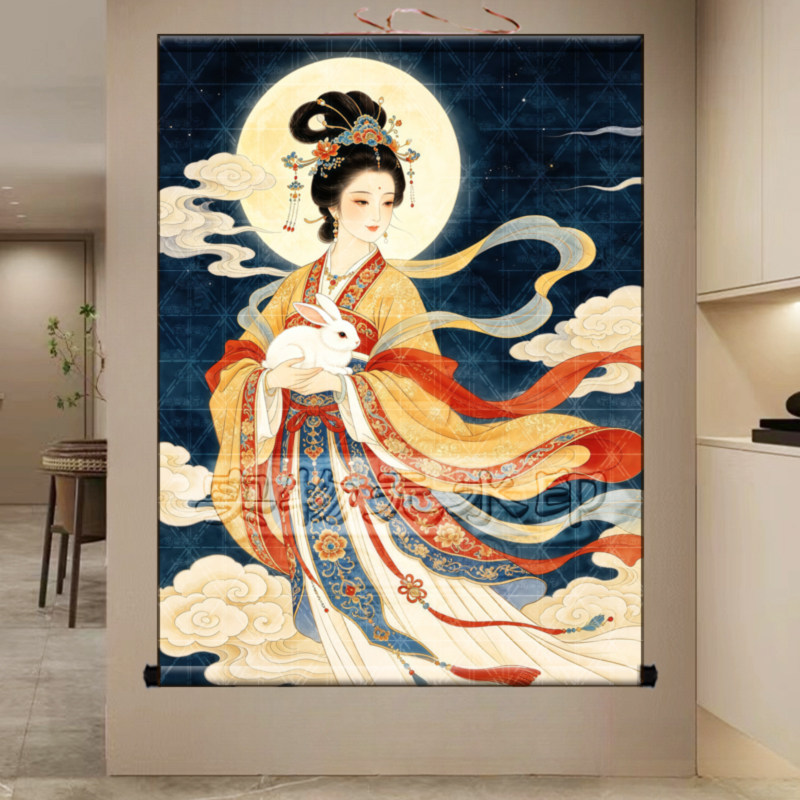 嫦娥奔月图挂画常娥神像客厅书房装饰画兔子嫦娥仙子画像卷轴画
