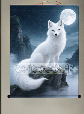 白色狐狸九尾狐挂画出马堂口供奉客厅招财装饰画黄狐狸黑狐卷轴画