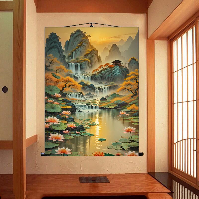 中式山水画挂画客厅招财装饰画仙道佛堂口无活物荷花聚财风景画
