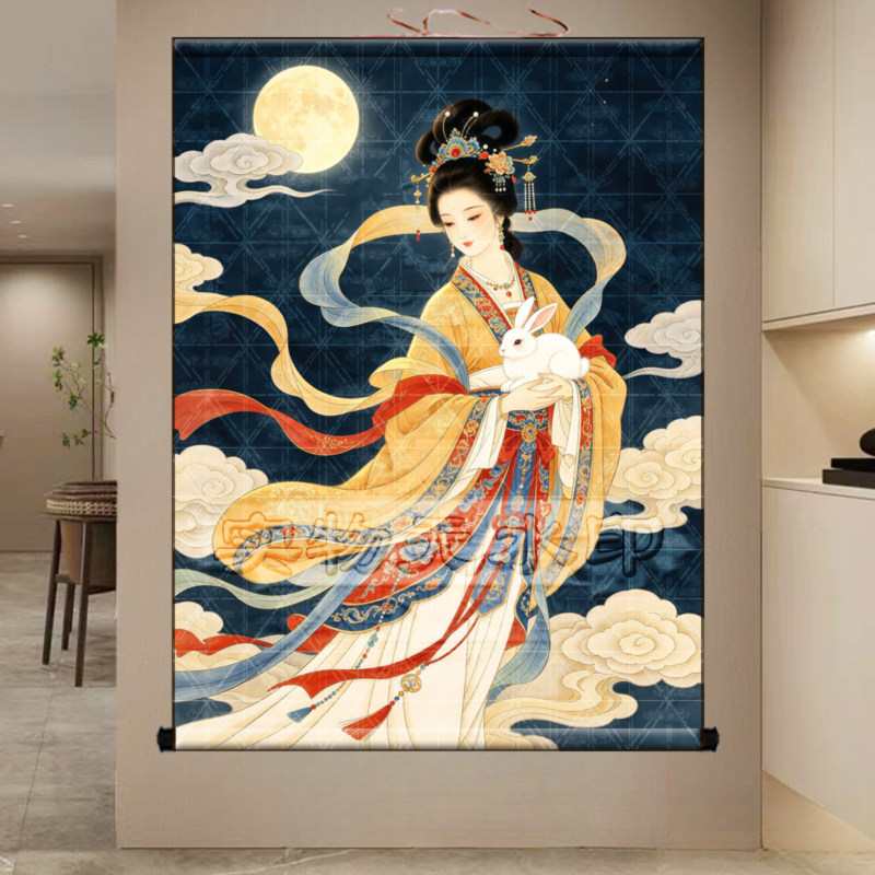 嫦娥奔月图挂画中秋挂墙画常娥神像家用装饰画月兔玉兔仙子卷轴画
