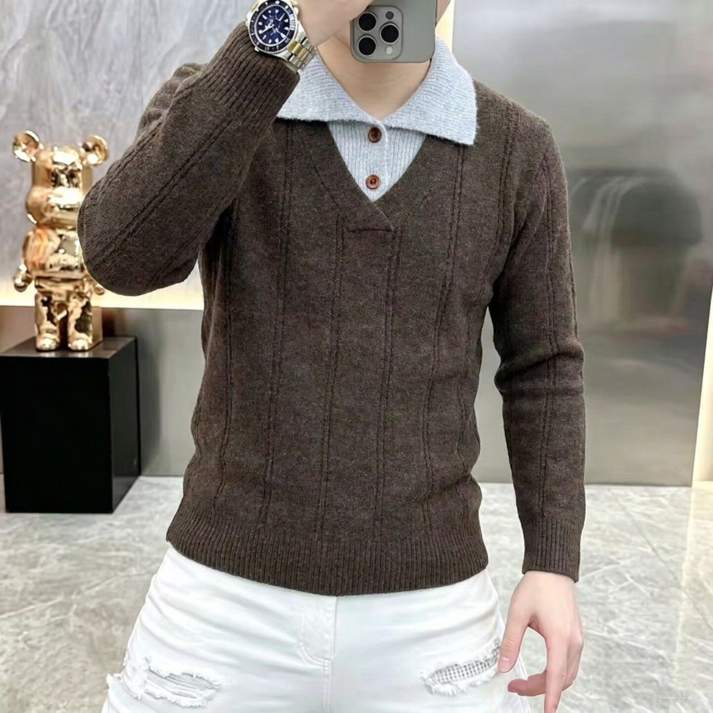 青年宽松轻奢美式假两件毛衣秋冬男士老钱风高级潮流针织衫线衣a4
