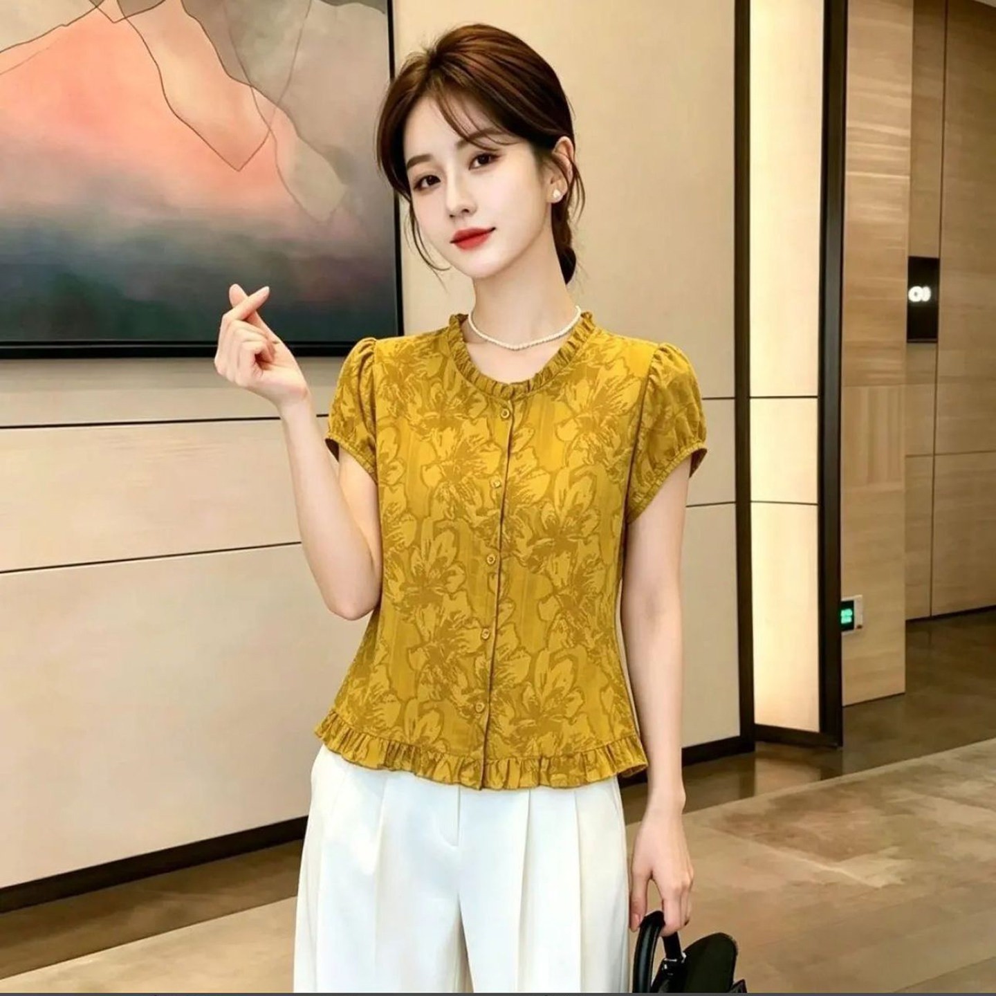 亿积女装碎花木耳花边衬衫2026夏季女士修身短袖小衫洋气显瘦上a2