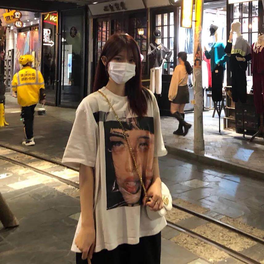 女装2022新款潮休闲宽松大码中长款印花短袖百搭情侣上衣t恤女夏