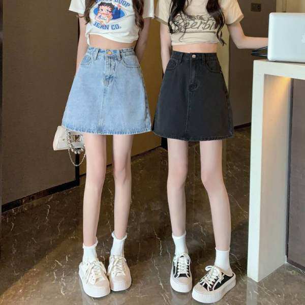 2024夏季a字高腰牛仔裙女学生显瘦百搭大码胖MM纯色包臀半身裙子