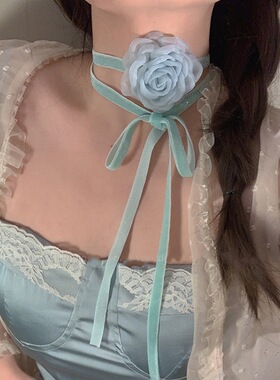 系带山茶花项链~薄荷绿超仙花朵锁骨链choker2024年春季新款颈链