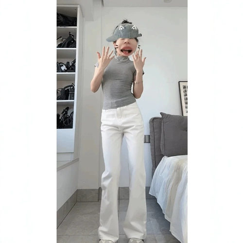美式辣妹白色直筒牛仔裤女2026夏季高腰弹力显瘦垂感窄版微喇裤潮