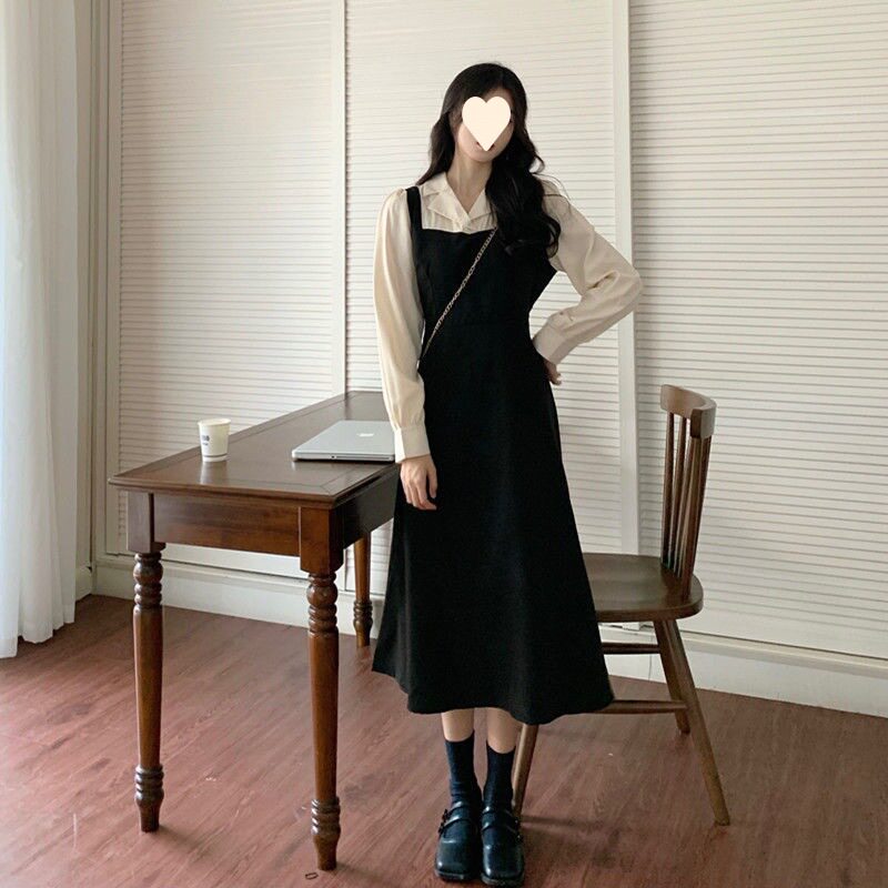2025秋季穿搭新款长袖连衣裙女拼接假两件简约女学生法式小众裙子