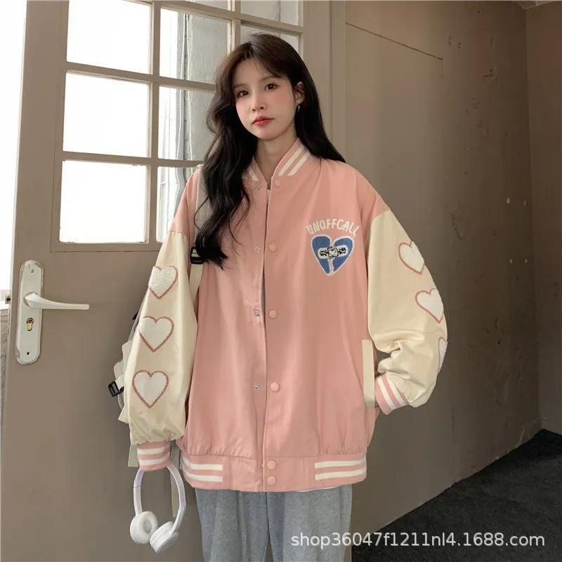 FUNTEAM美式复古甜酷爱心学生夹克棒球服女秋冬情侣衣服夹克外套