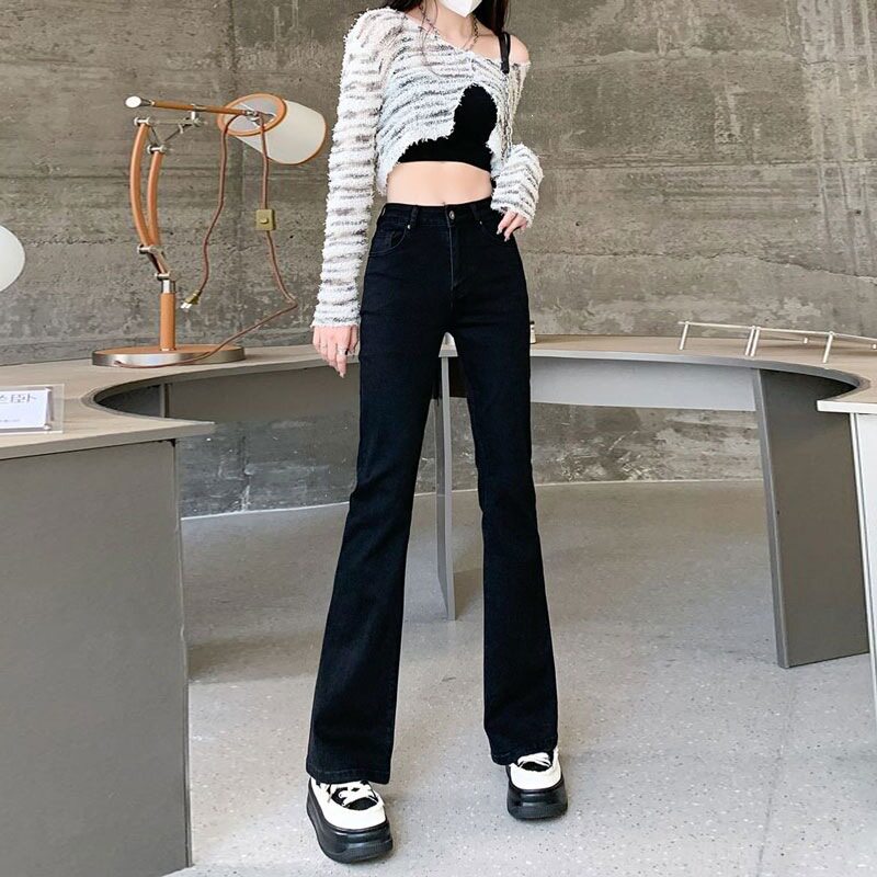 牛仔裤女微喇韩版黑色高腰2026春夏修身百搭弹力喇叭拖地马蹄裤子