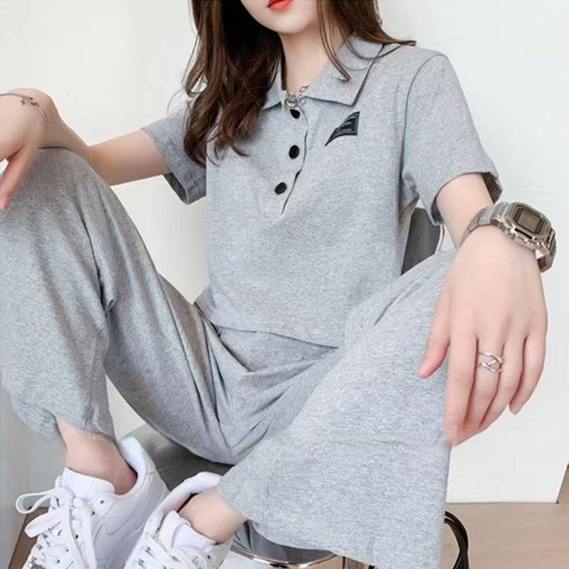 休闲运动套装女2025夏季新款韩版显瘦小个子短款上衣阔腿裤两件套