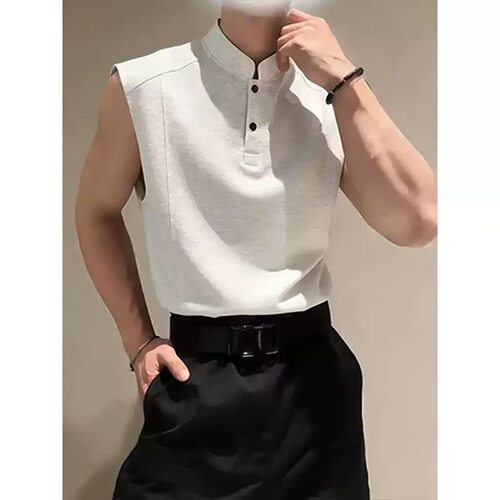 白灰色亨利领坎肩背心男夏美式立领无袖polo衫t恤boxy无袖t恤男