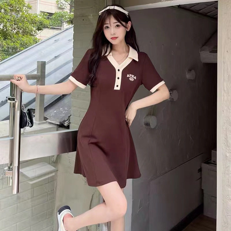 大码女装polo领收腰A字显廋短袖绣花连衣裙胖mm修身休闲运动T恤裙