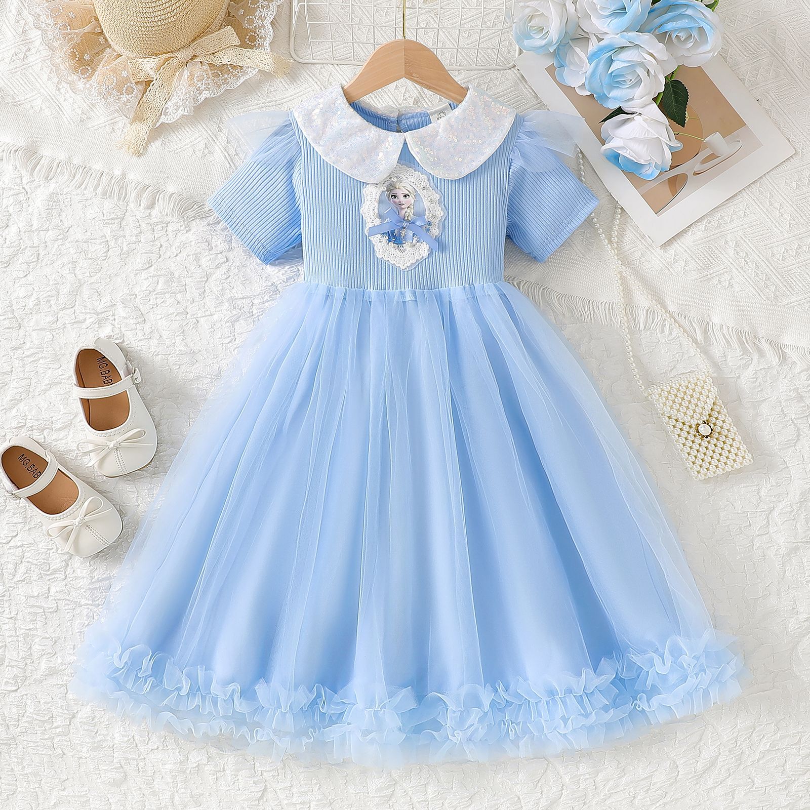 女童艾莎公主亮片翻领短袖网纱裙夏季儿童坑条冰雪奇缘礼服连衣裙