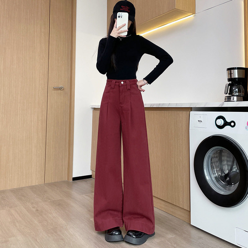 复古红色高腰阔腿牛仔裤女2026春秋新款垂感宽松显瘦直筒拖地裤子