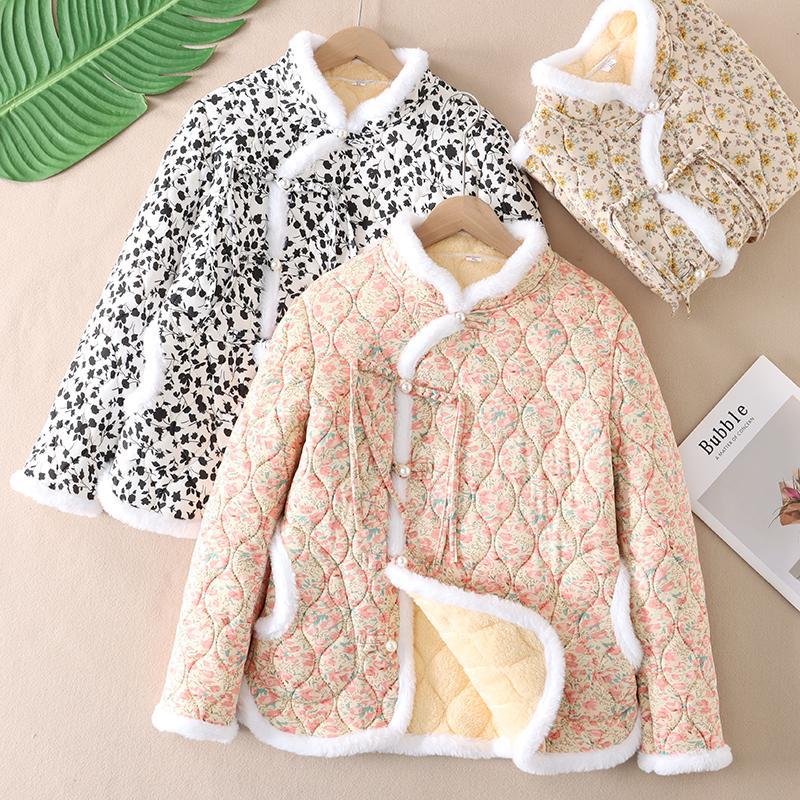 新中式斜襟立领保暖加绒碎花棉服女式复古发热驼绒旗袍领棉衣外套