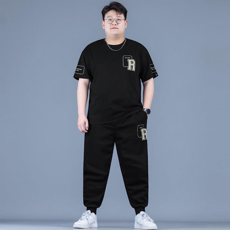 大码套装男加肥加大秋季新款男士宽松休闲男装胖子短袖长裤两件套