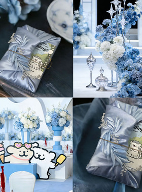 传雅原创成品带糖蓝色婚礼结婚喜糖盒线条小狗风吕敷伴手礼礼盒