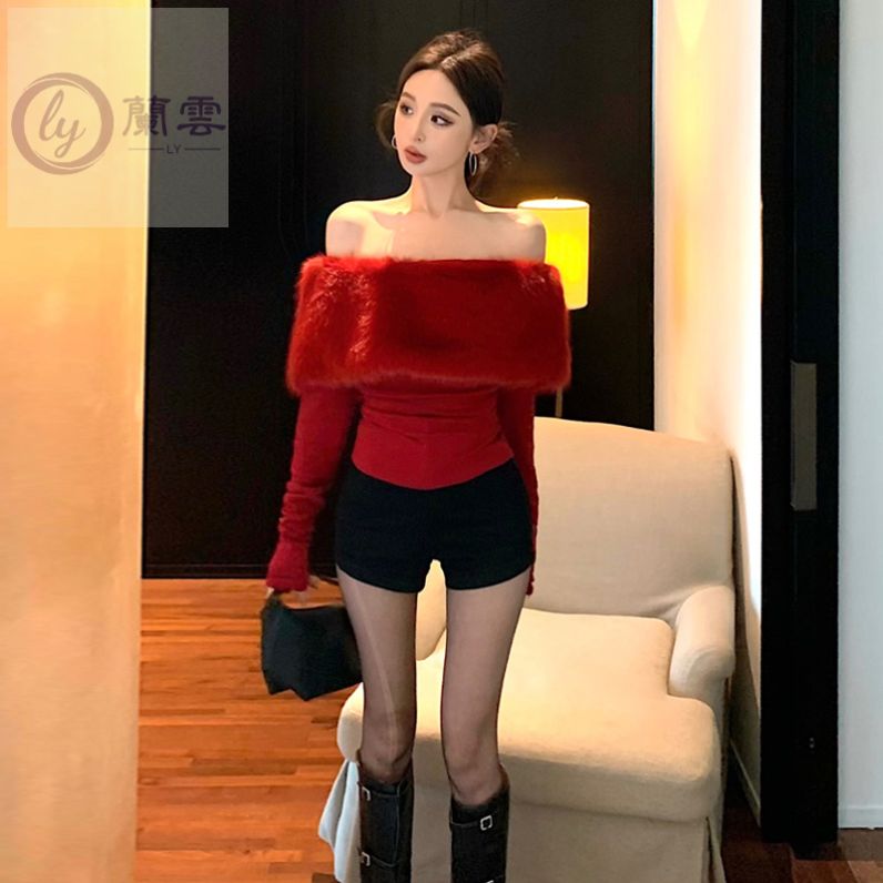 纯欲性感毛毛一字领针织上衣女