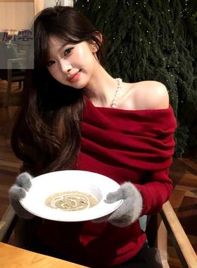 新年红色一字肩针织上衣女春秋冬辣妹纯欲性感修身内搭毛衣打底衫
