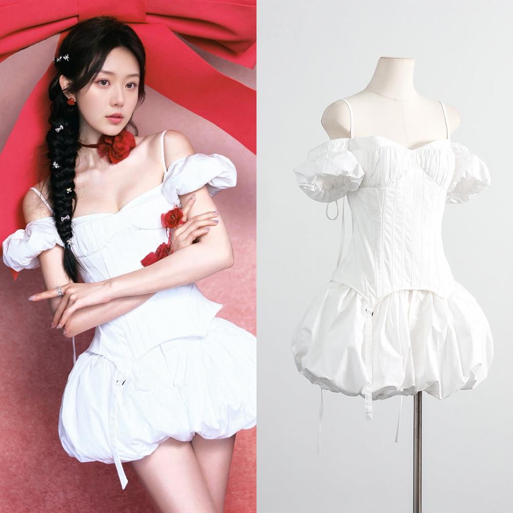 [现货]吴宣仪同款时尚套装新款吊带抹胸上衣蓬蓬花苞短裤两件套女