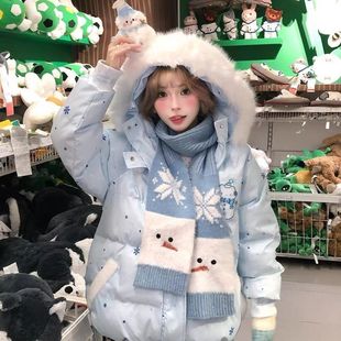 雪花毛领可爱连帽雪人棉服冬季甜美加厚保暖棉衣外套2025冬季新款