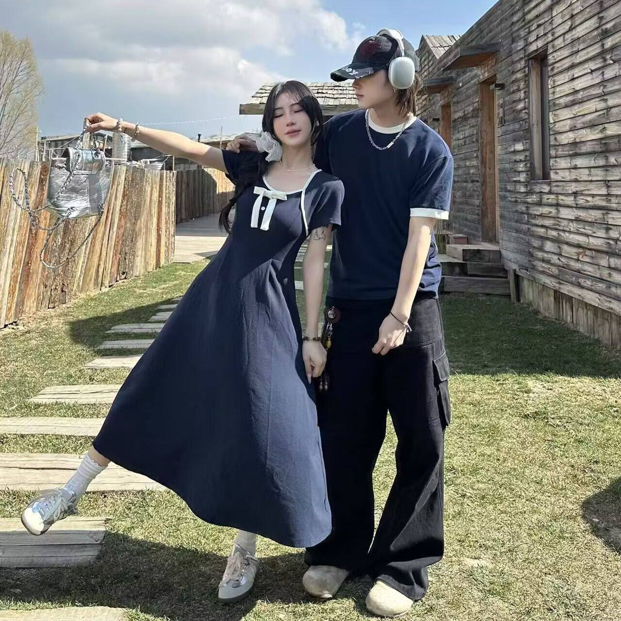 小众设计感情侣装夏季学院风韩版短袖T恤连衣裙法式一裙一衣ins潮