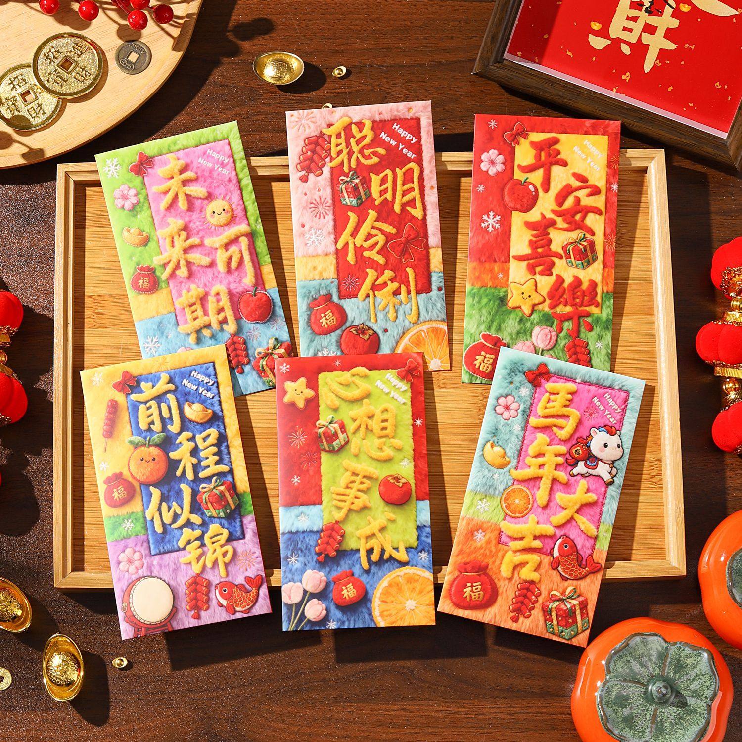 新款2026马年仿真5D打印刺绣萌字红包利是封包祝福创意春节压岁包