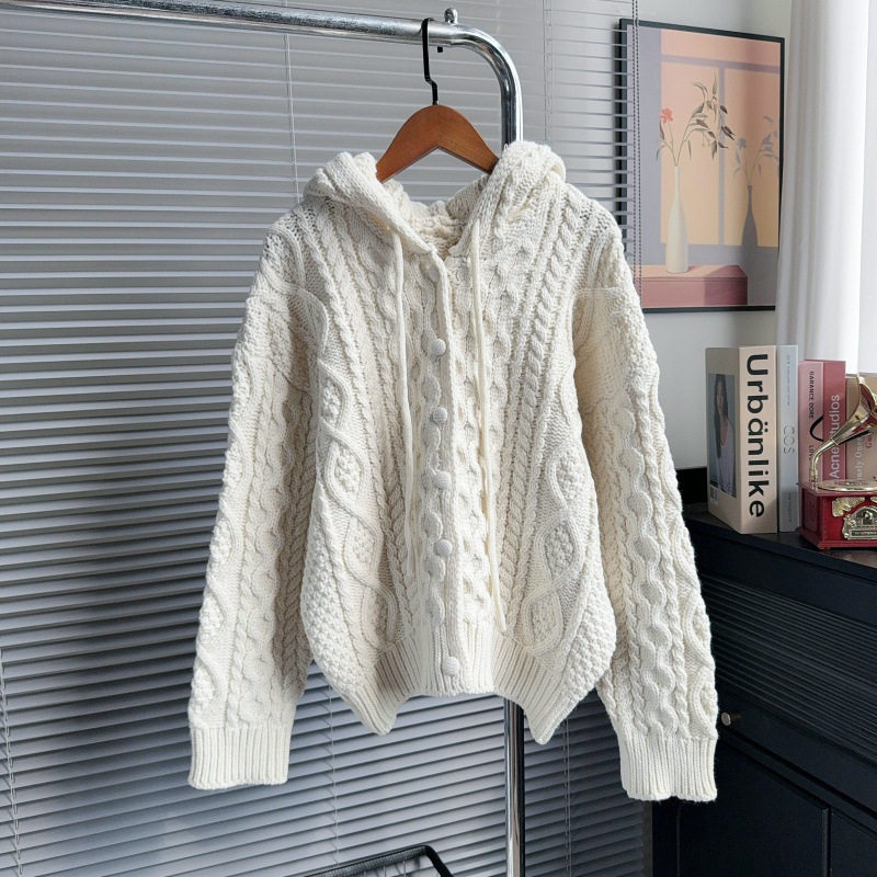 韩国复古麻花连帽毛衣外套女秋冬新款长袖慵懒风高级感粗针织开衫