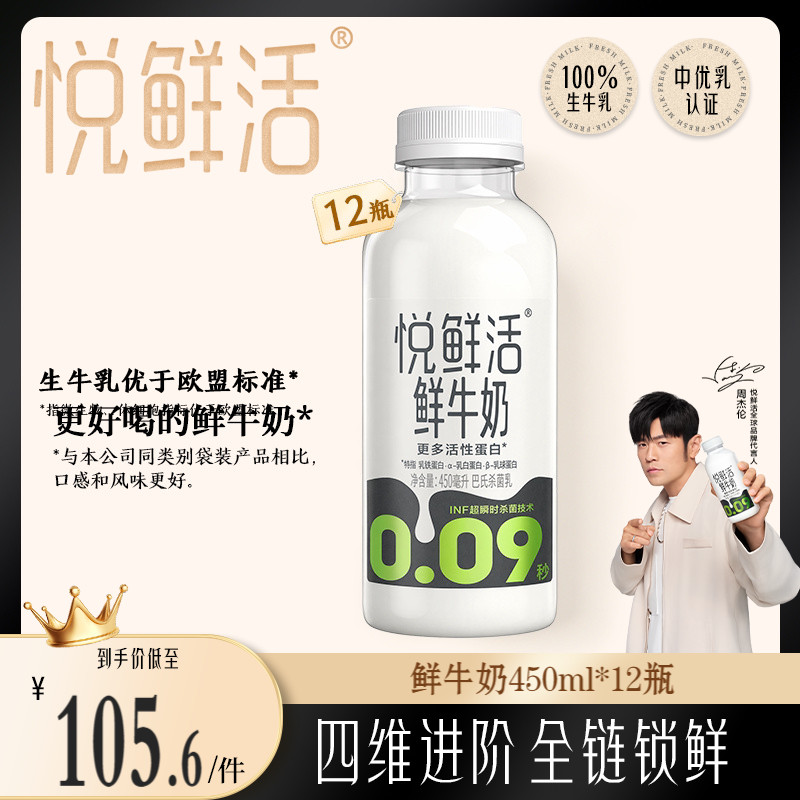 【直播间下单更优惠】悦鲜活鲜牛奶450ml*12瓶 日期新鲜
