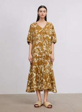 FaFa裙 | 2026年早春夏季新款法式亚麻拔印印花连衣裙休闲长裙女