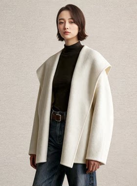 斗篷连帽简约羊毛双面毛呢大衣女