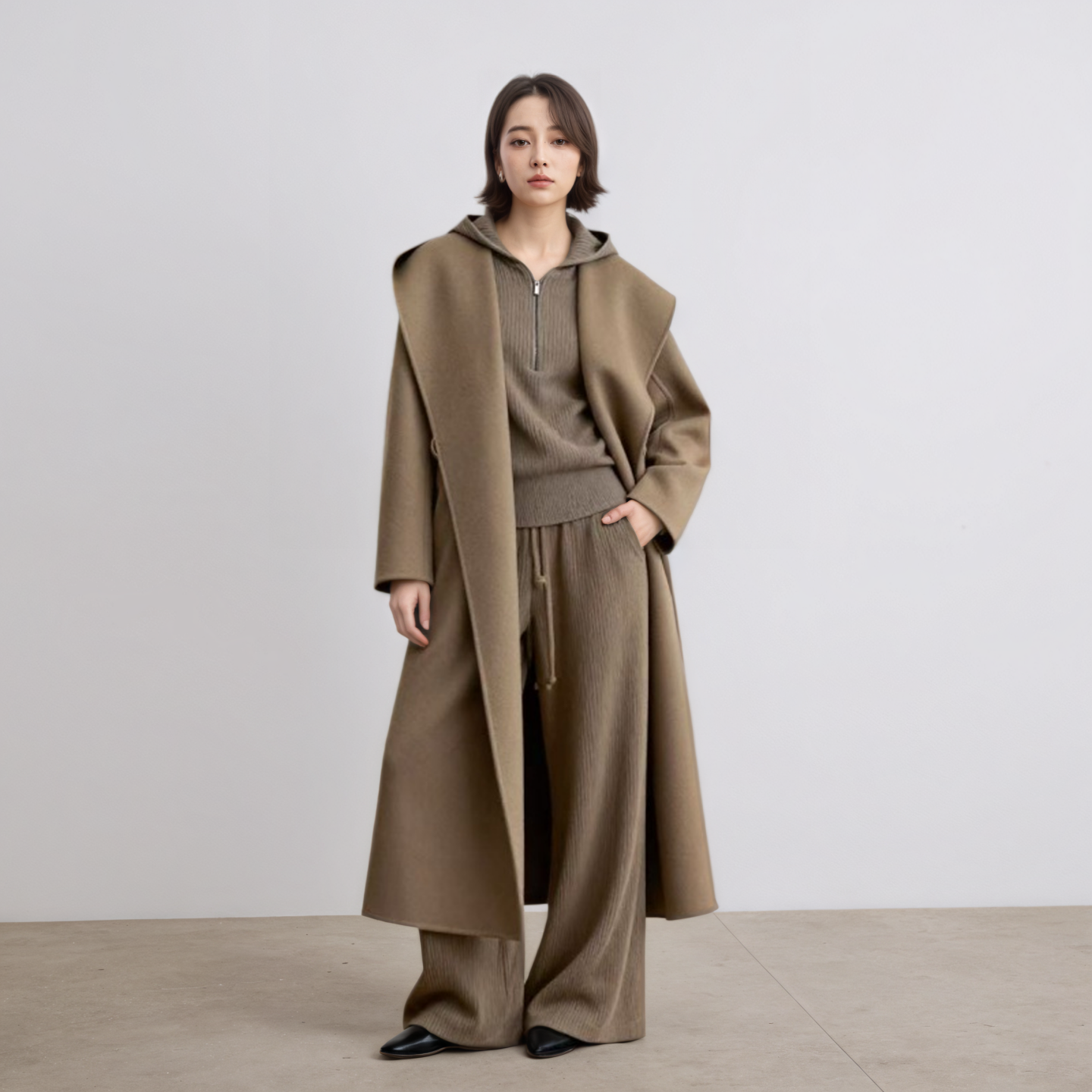 斗篷连帽羊毛双面羊绒大衣女外套