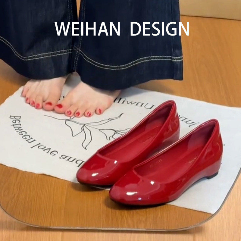 羊皮版！法式漆皮圆头玛丽珍鞋女内增高浅口一脚蹬不累脚红色单鞋