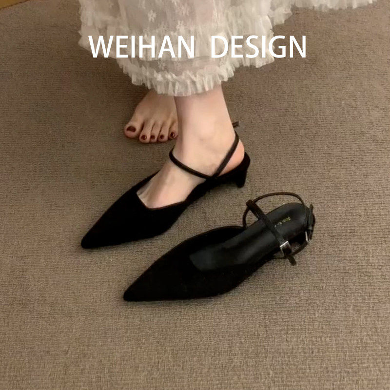 羊皮版！法式简约尖头小猫跟高跟鞋女一字带黑色包头凉鞋优雅百搭