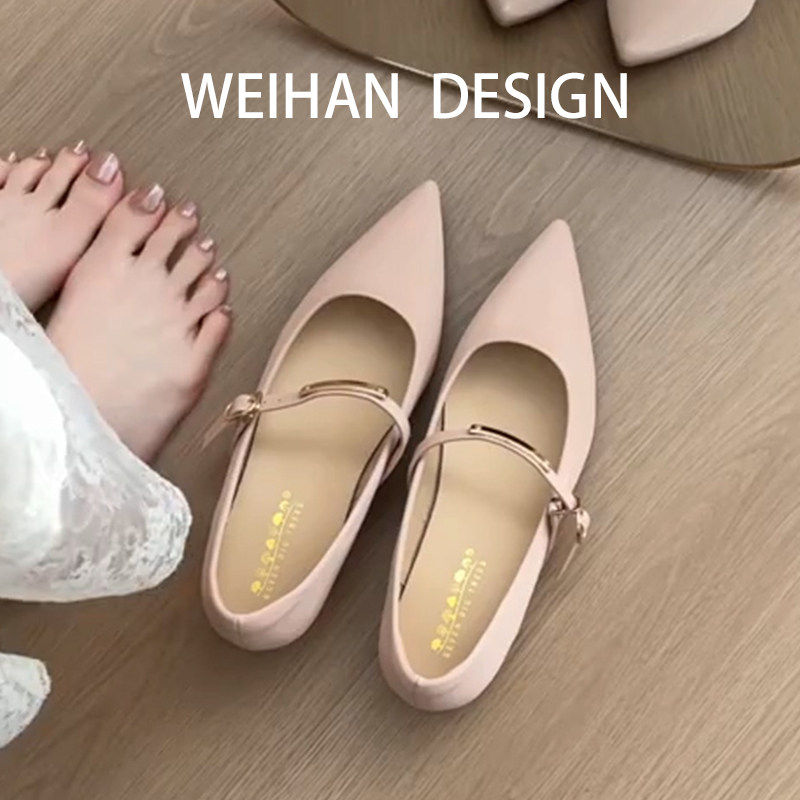 羊皮版~法式尖头玛丽珍鞋女春季新款裸色一字扣带内增高平底单鞋