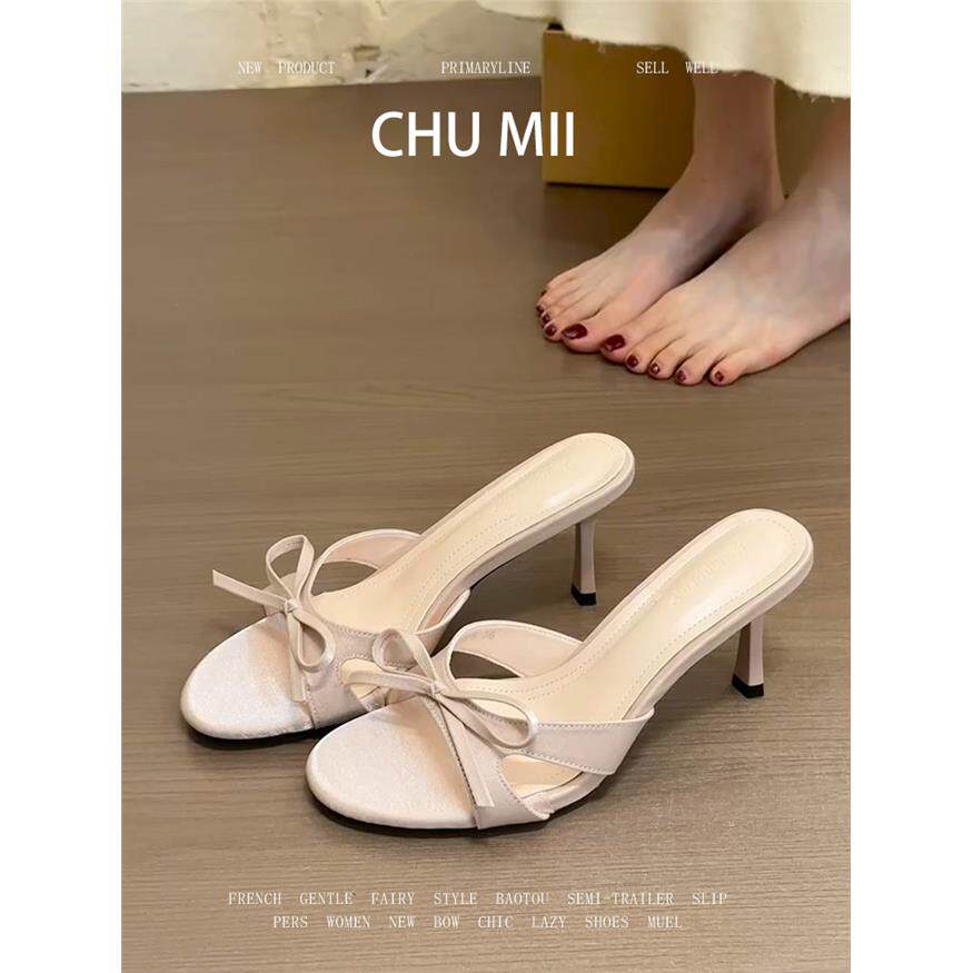羊皮版~温柔蝴蝶结高跟鞋女方头细跟一字凉拖鞋法式纯欲露趾凉鞋