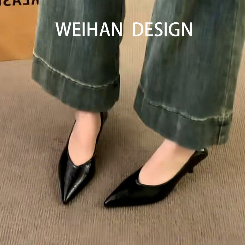 羊皮版！黑色尖头细跟浅