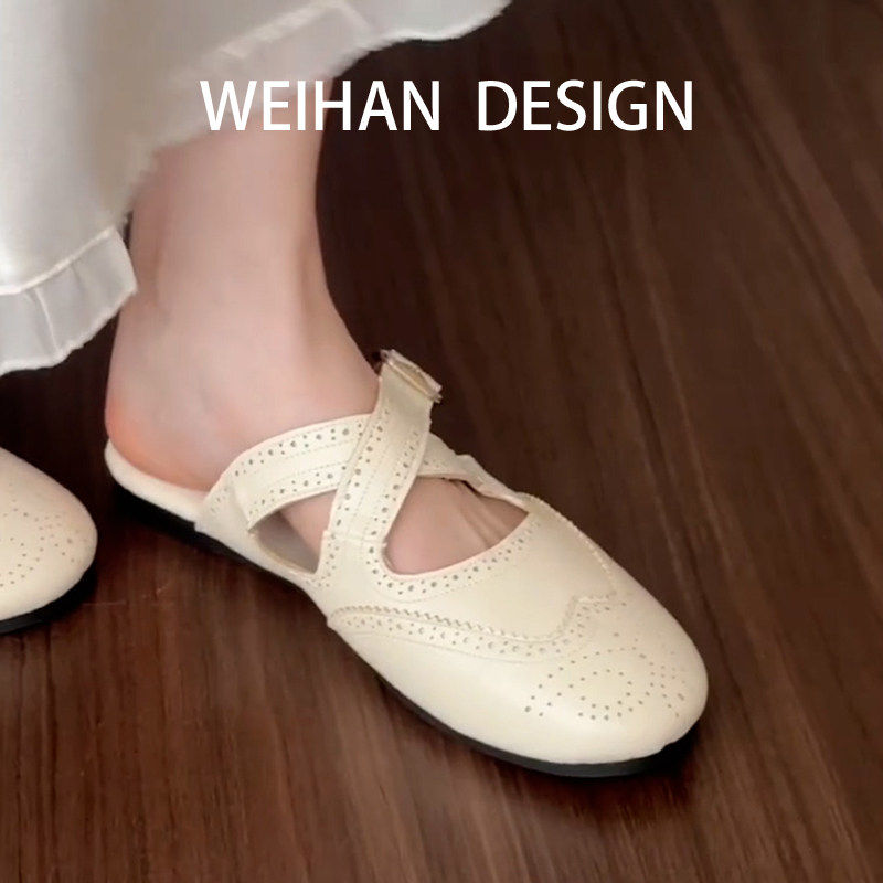 羊皮版！法式简约风雕花包头半拖鞋女交叉带百搭一脚蹬平底穆勒鞋