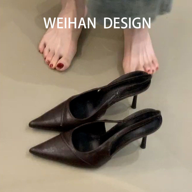羊皮版！复古尖头细跟包头凉鞋后绊带一字扣不累脚法式气质高跟鞋