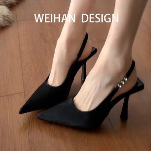 羊皮版！水钻尖头性感高跟鞋女浅口细跟包头凉鞋后空名媛黑色单鞋