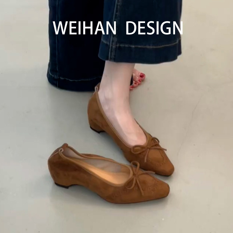 羊皮版！美拉德复古绒面浅口单鞋女布洛克雕花芭蕾风蝴蝶结低跟鞋