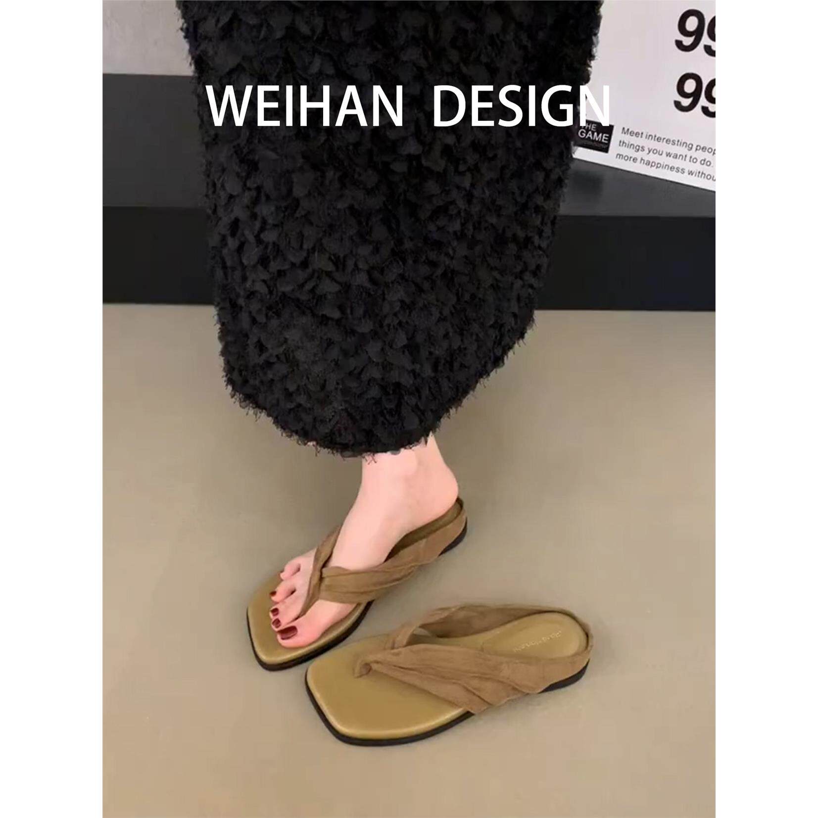 羊皮版！法式简约风方头人字拖鞋夏外穿夹趾一脚蹬百搭露趾沙滩鞋