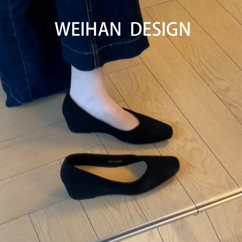 羊皮版！黑色绒面浅口内增高单鞋女方头简约软底一脚蹬时尚通勤鞋