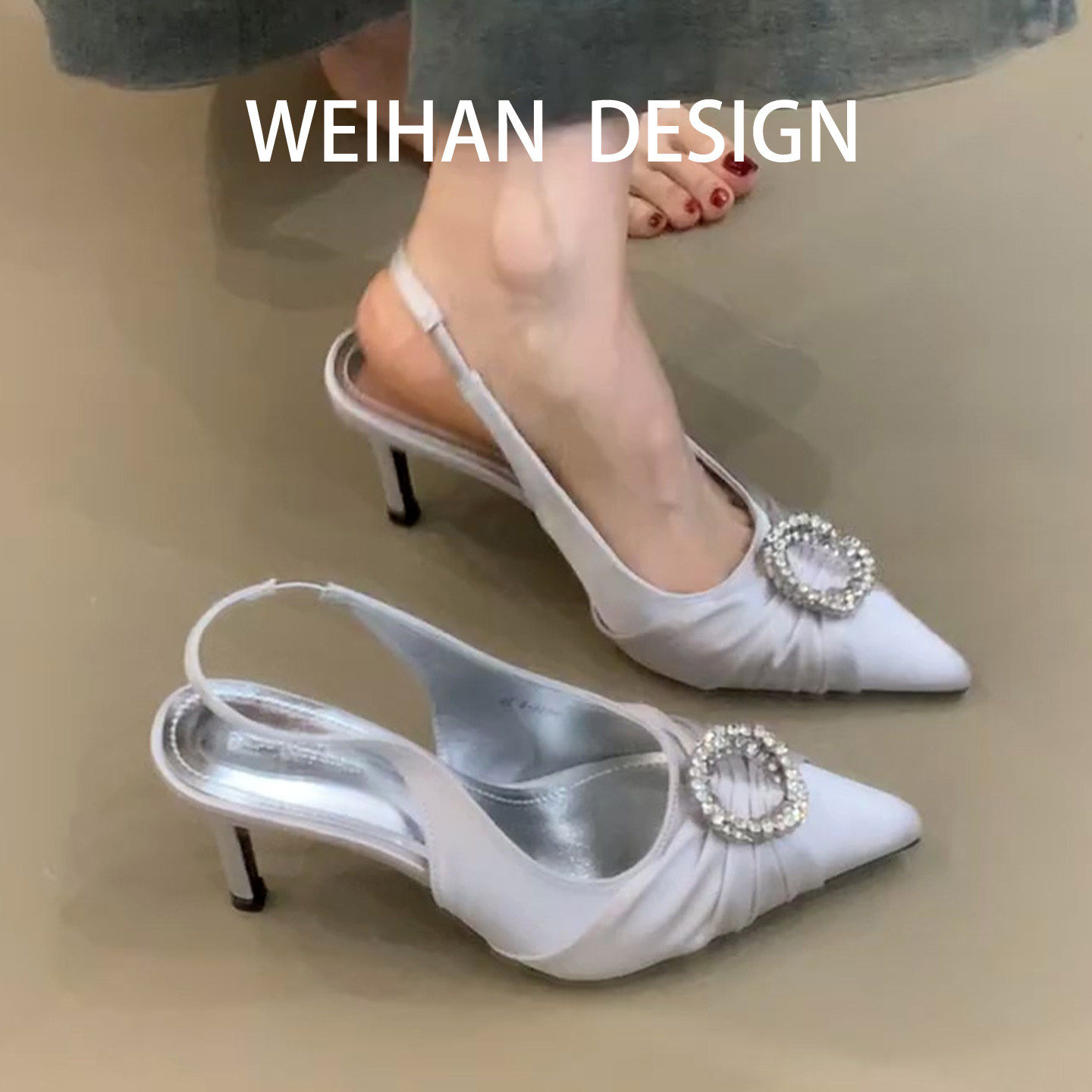 羊皮版！名媛风水钻尖头高跟鞋细跟包头凉鞋气质不累脚浅口单鞋